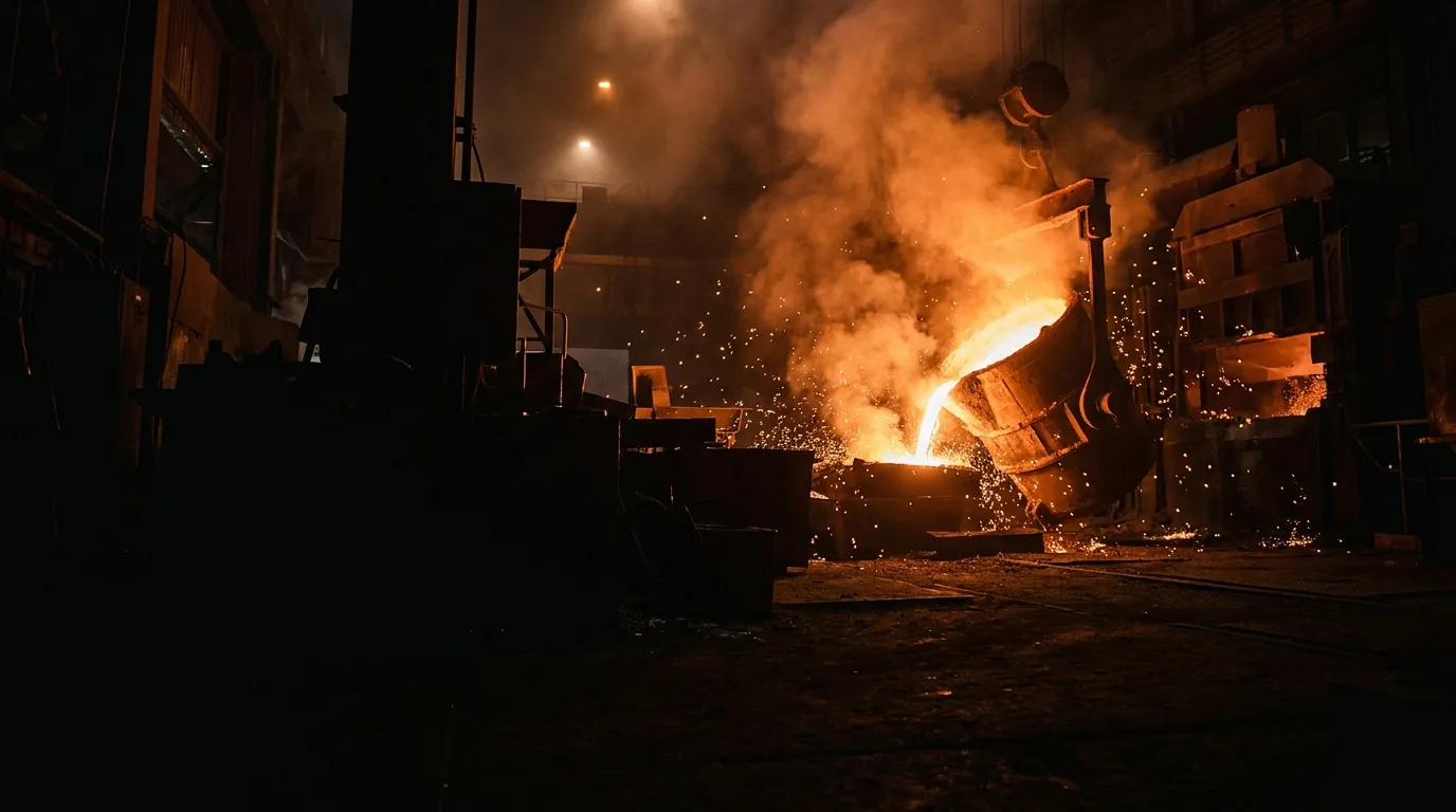 A foundry crucible pouring molten metal in a dark industrial hall